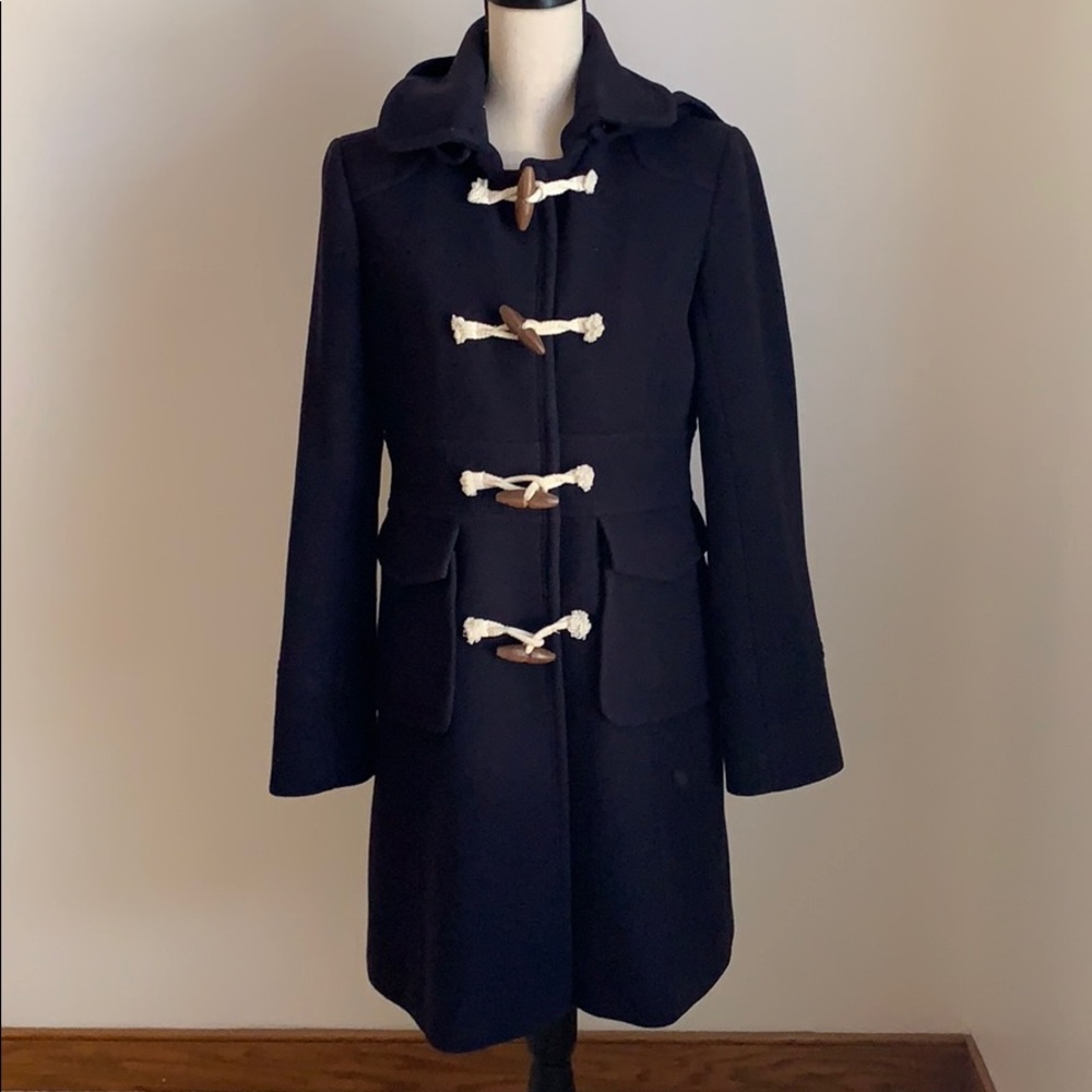 J. Crew Navy Wool Toggle Coat with Cream Rope & Brown Wood Accents